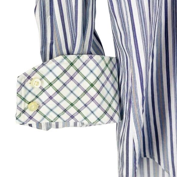 Thomas Dean Dress Shirt Size XL White Purple Grey Stripes Flip Collar Cuffs TD - Picture 4 of 8